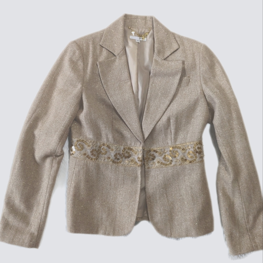 Yank Wool Blend Gold Sequins Blazer Tan Size 12 Hidden Closure